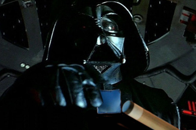 image of Darth Vader in his Tie Fighter, putting chalk on a cue stick