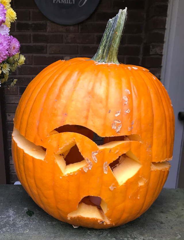 image of some carved pumpkin jack-o-lanterns during the day